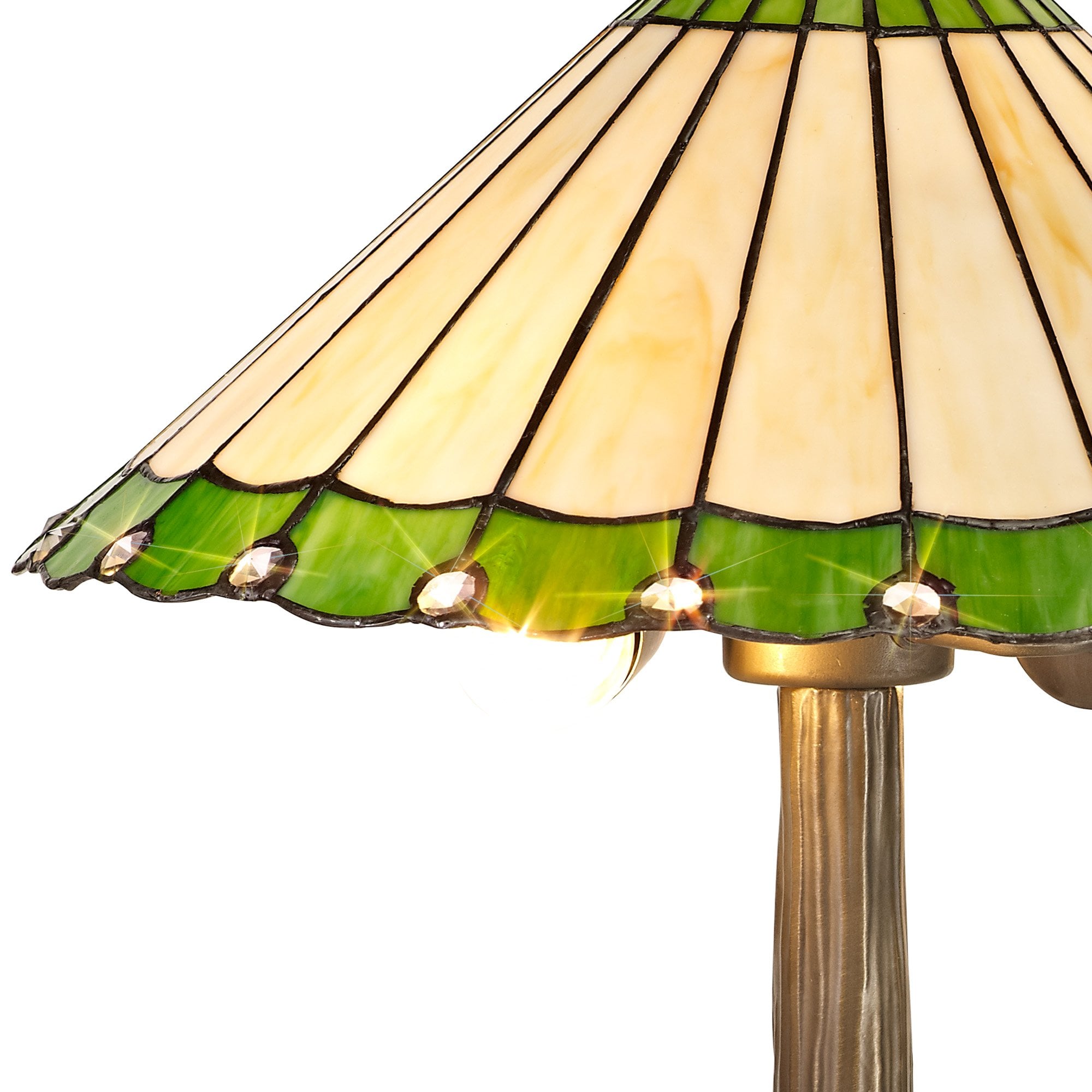 NLK02499 Umbrian 2 Light Tree Like Table Lamp With 40cm Tiffany Shade Green/Chrome/Crystal/Aged Antique Brass