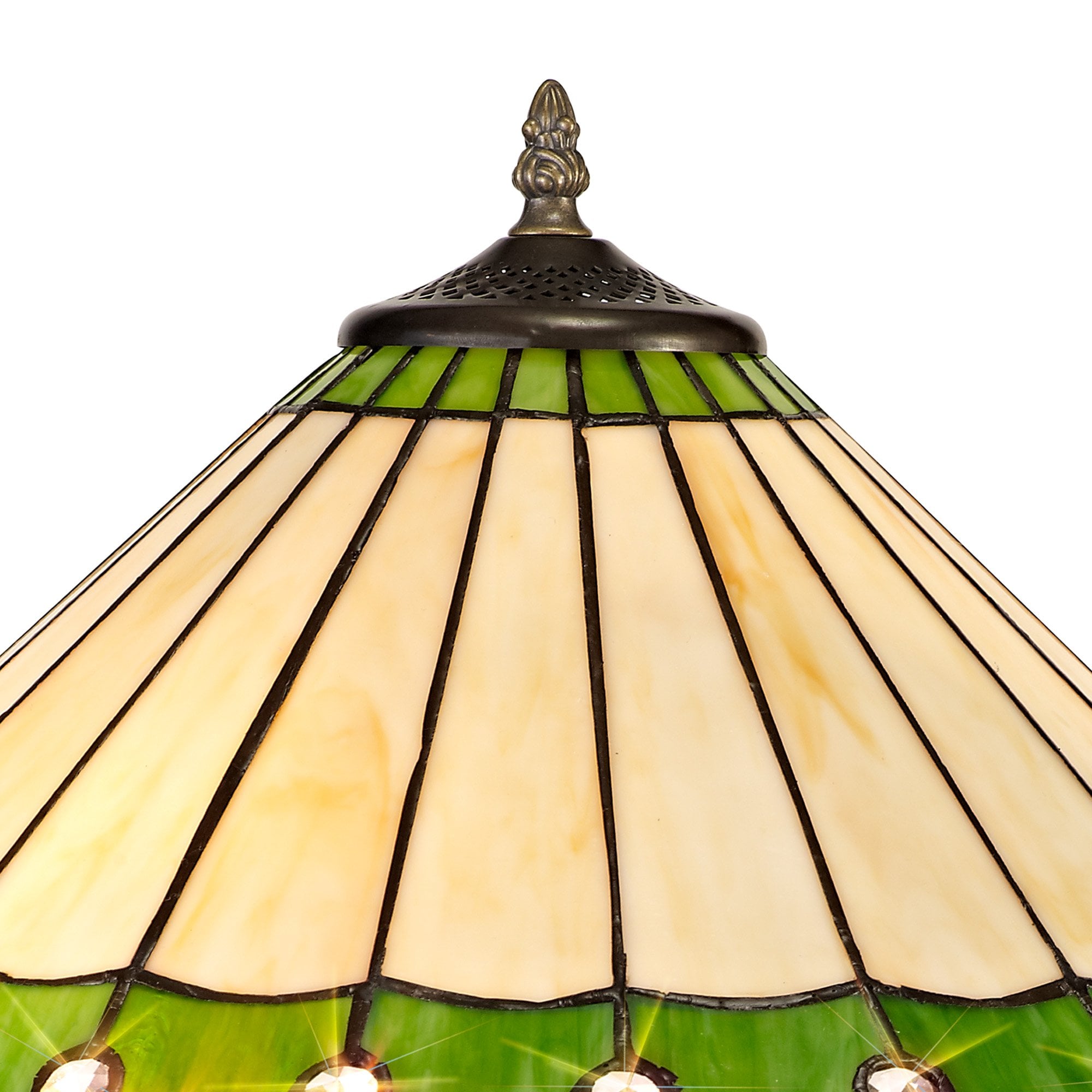 NLK02499 Umbrian 2 Light Tree Like Table Lamp With 40cm Tiffany Shade Green/Chrome/Crystal/Aged Antique Brass
