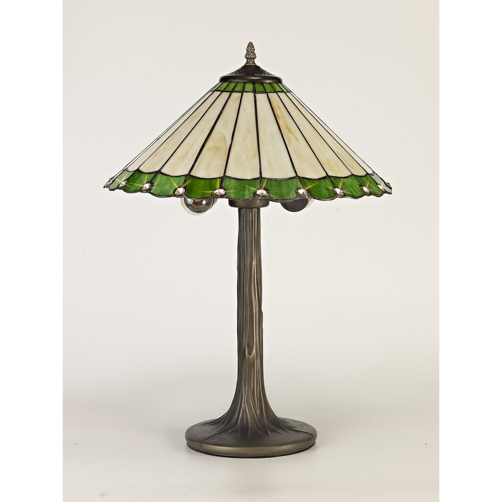 NLK02499 Umbrian 2 Light Tree Like Table Lamp With 40cm Tiffany Shade Green/Chrome/Crystal/Aged Antique Brass