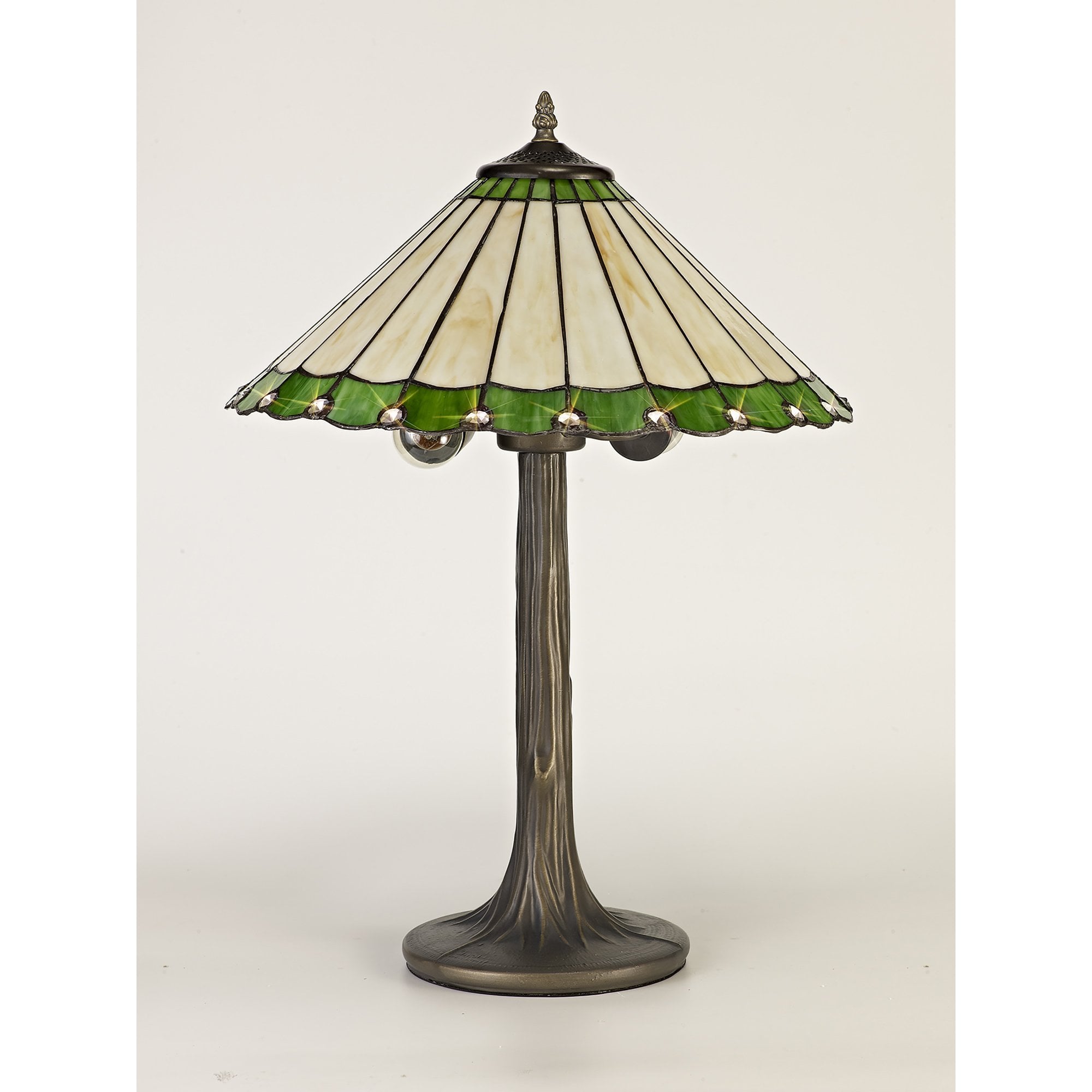 NLK02499 Umbrian 2 Light Tree Like Table Lamp With 40cm Tiffany Shade Green/Chrome/Crystal/Aged Antique Brass