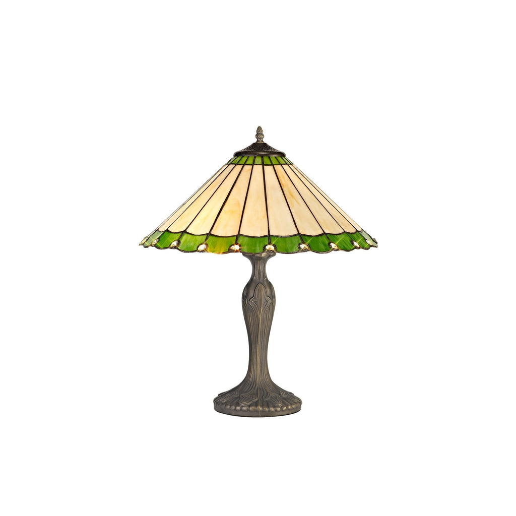 NLK02509 Umbrian 2 Light Curved Table Lamp With 40cm Tiffany Shade Green/Chrome/Crystal/Aged Antique Brass