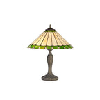NLK02509 Umbrian 2 Light Curved Table Lamp With 40cm Tiffany Shade Green/Chrome/Crystal/Aged Antique Brass