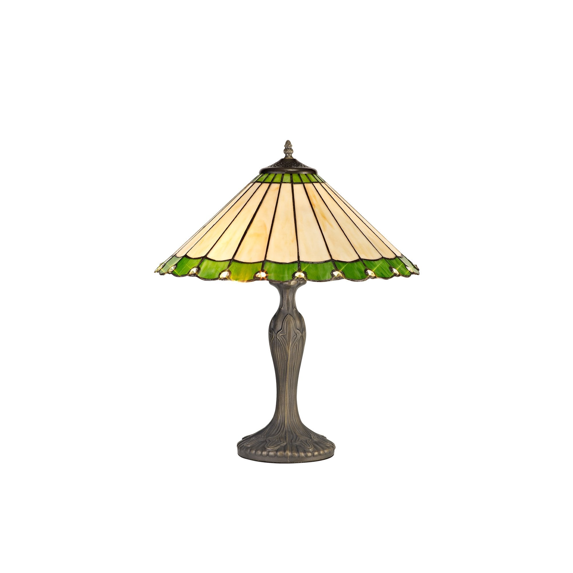 NLK02509 Umbrian 2 Light Curved Table Lamp With 40cm Tiffany Shade Green/Chrome/Crystal/Aged Antique Brass