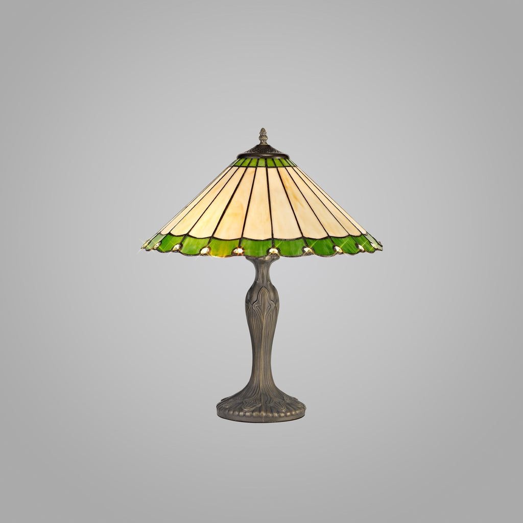 NLK02509 Umbrian 2 Light Curved Table Lamp With 40cm Tiffany Shade Green/Chrome/Crystal/Aged Antique Brass