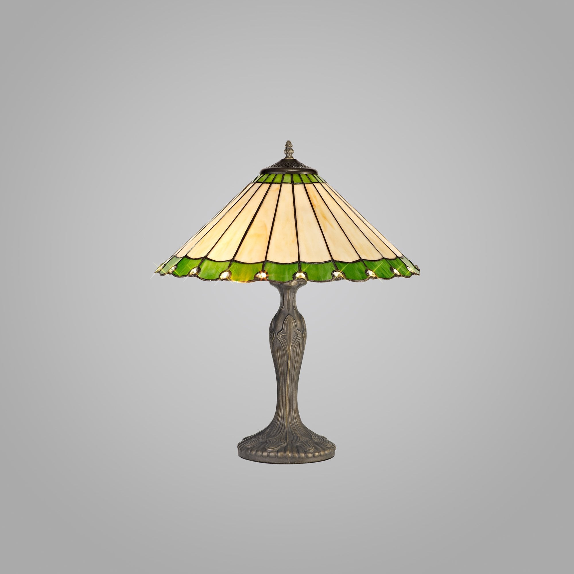 NLK02509 Umbrian 2 Light Curved Table Lamp With 40cm Tiffany Shade Green/Chrome/Crystal/Aged Antique Brass