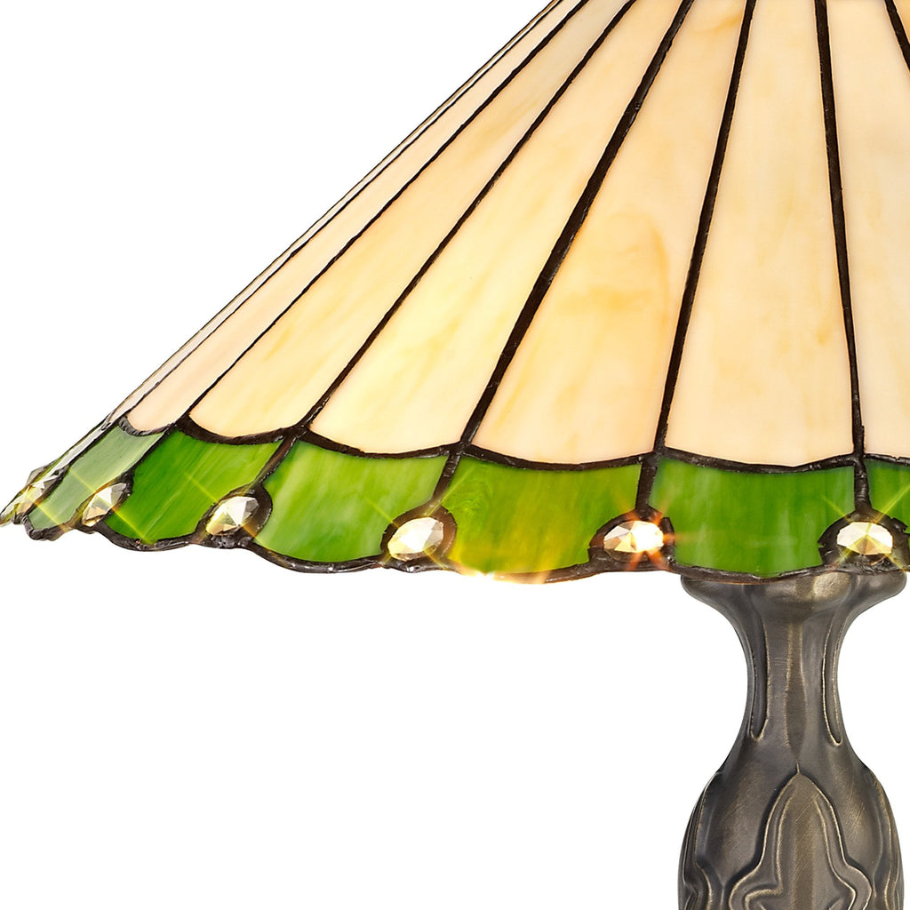 NLK02509 Umbrian 2 Light Curved Table Lamp With 40cm Tiffany Shade Green/Chrome/Crystal/Aged Antique Brass