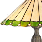 NLK02509 Umbrian 2 Light Curved Table Lamp With 40cm Tiffany Shade Green/Chrome/Crystal/Aged Antique Brass