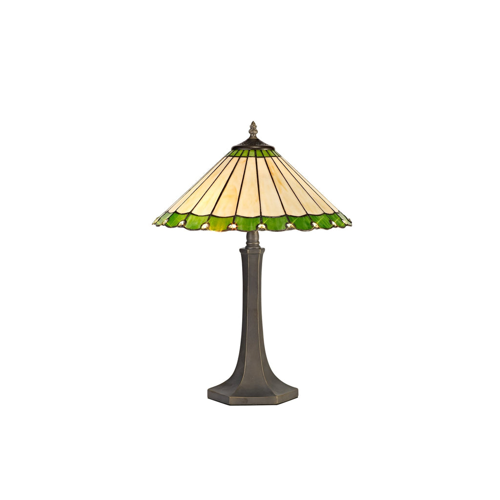 NLK02519 Umbrian 2 Light Octagonal Table Lamp With 40cm Tiffany Shade Green/Chrome/Crystal/Aged Antique Brass