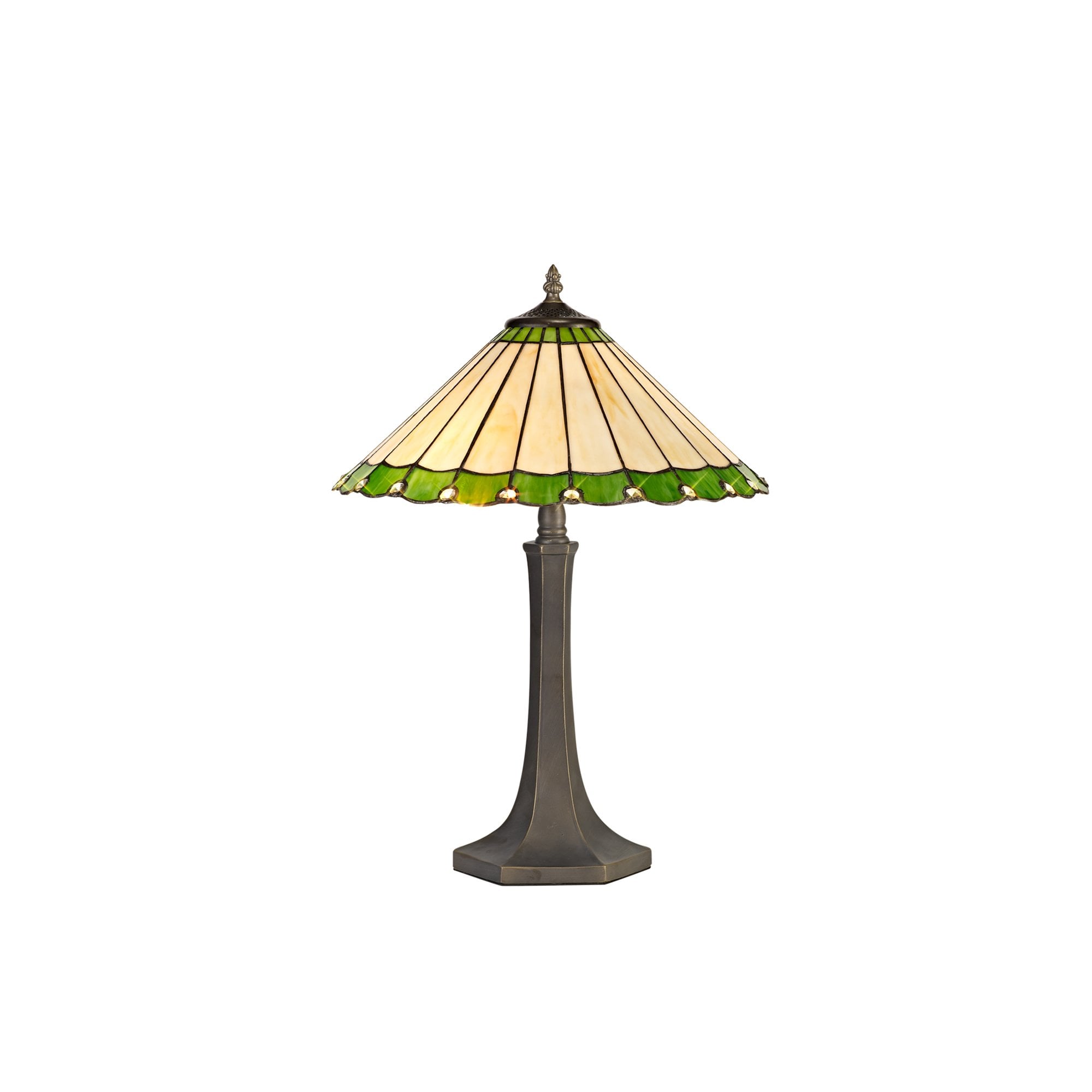 NLK02519 Umbrian 2 Light Octagonal Table Lamp With 40cm Tiffany Shade Green/Chrome/Crystal/Aged Antique Brass