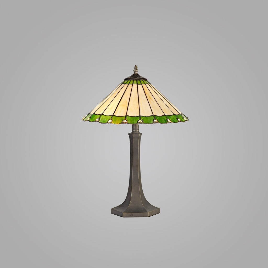 NLK02519 Umbrian 2 Light Octagonal Table Lamp With 40cm Tiffany Shade Green/Chrome/Crystal/Aged Antique Brass