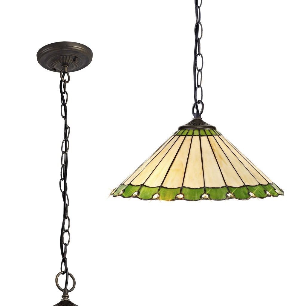 NLK02529 Umbrian 1 Light Down Lighter Pendant With 40cm Tiffany Shade Green/Chrome/Crystal/Aged Antique Brass