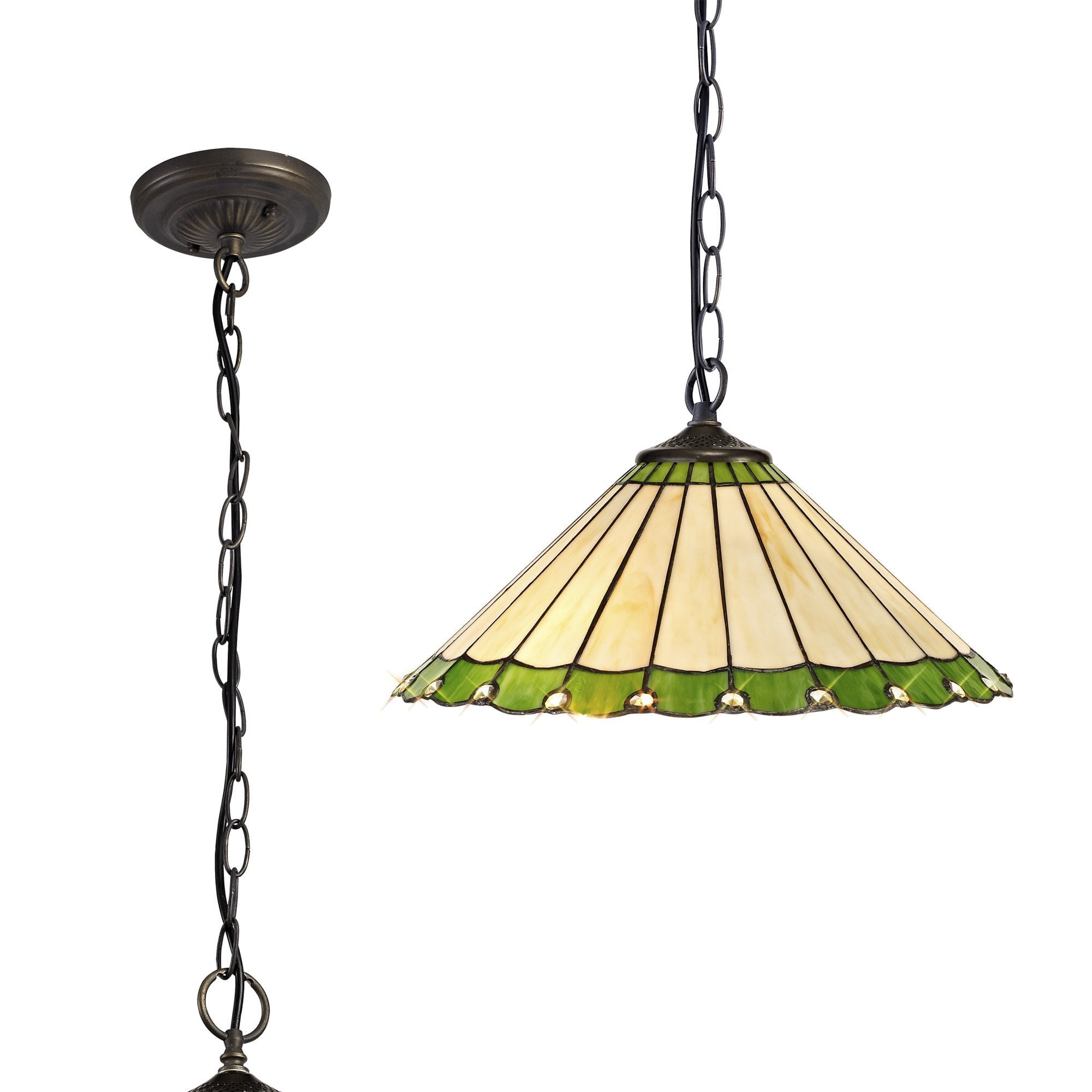 NLK02529 Umbrian 1 Light Down Lighter Pendant With 40cm Tiffany Shade Green/Chrome/Crystal/Aged Antique Brass