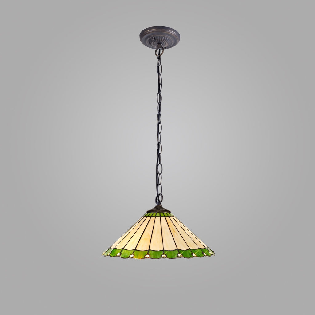NLK02529 Umbrian 1 Light Down Lighter Pendant With 40cm Tiffany Shade Green/Chrome/Crystal/Aged Antique Brass