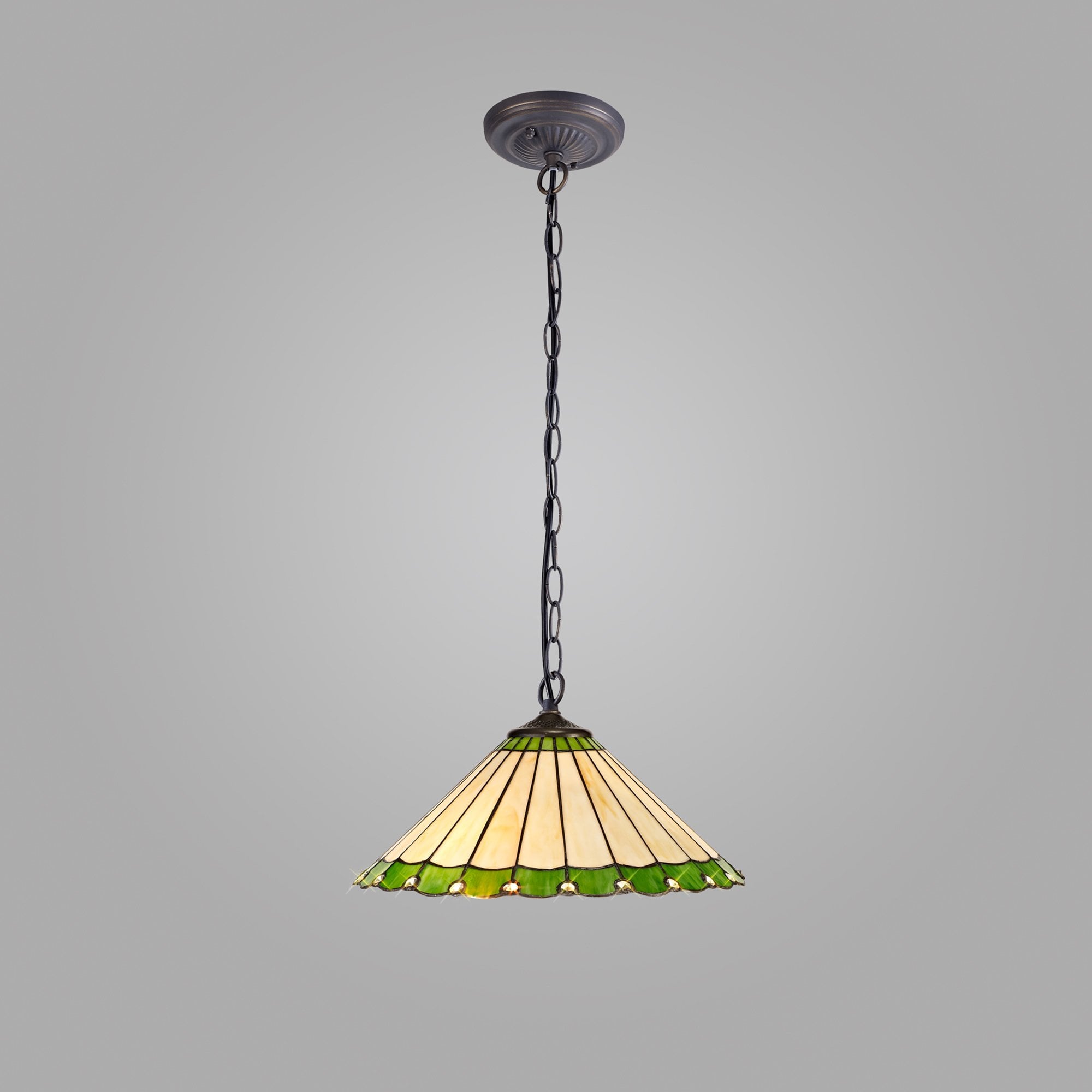 NLK02529 Umbrian 1 Light Down Lighter Pendant With 40cm Tiffany Shade Green/Chrome/Crystal/Aged Antique Brass