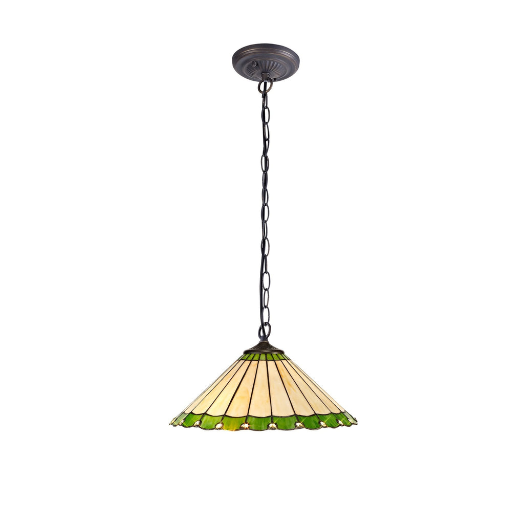 NLK02529 Umbrian 1 Light Down Lighter Pendant With 40cm Tiffany Shade Green/Chrome/Crystal/Aged Antique Brass
