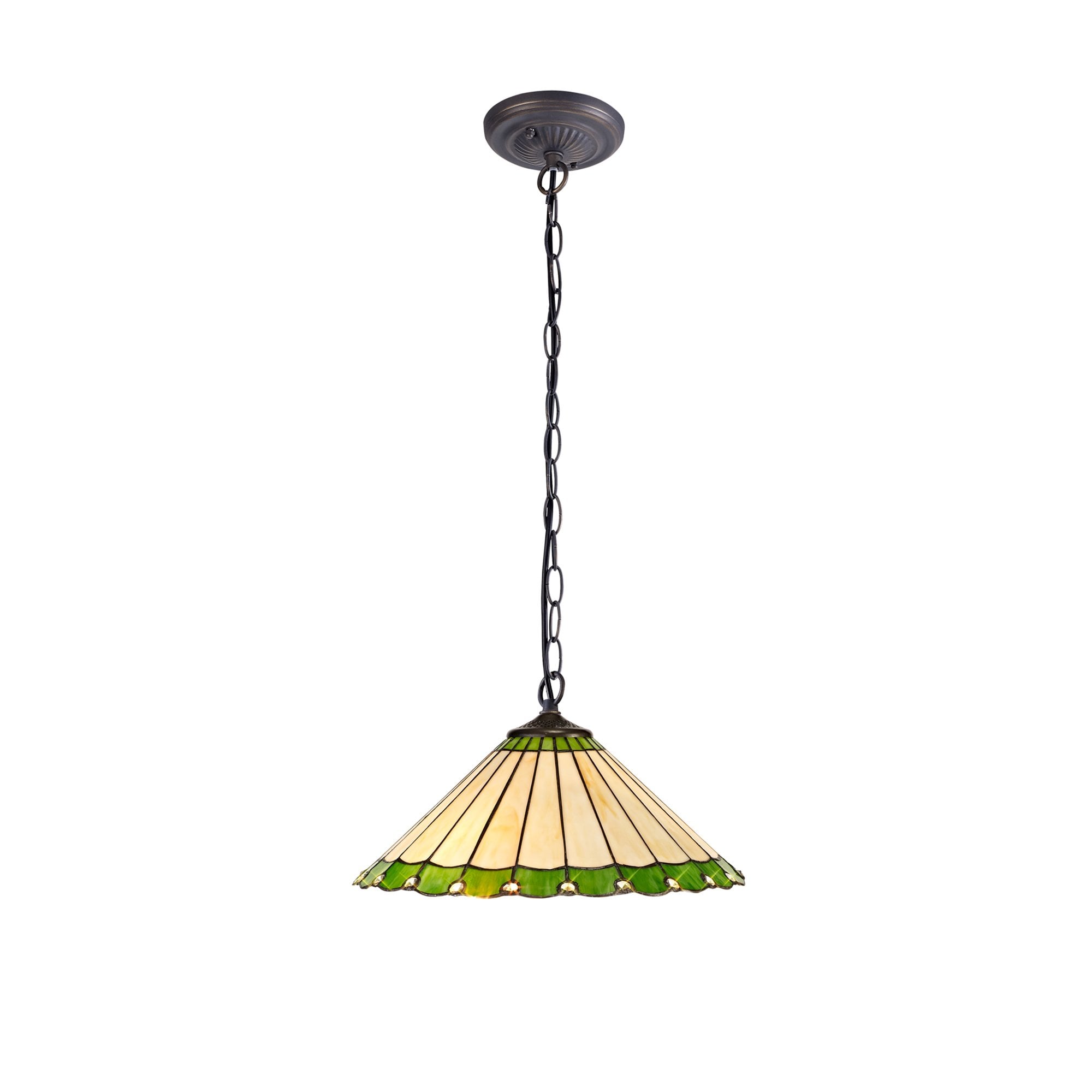NLK02529 Umbrian 1 Light Down Lighter Pendant With 40cm Tiffany Shade Green/Chrome/Crystal/Aged Antique Brass