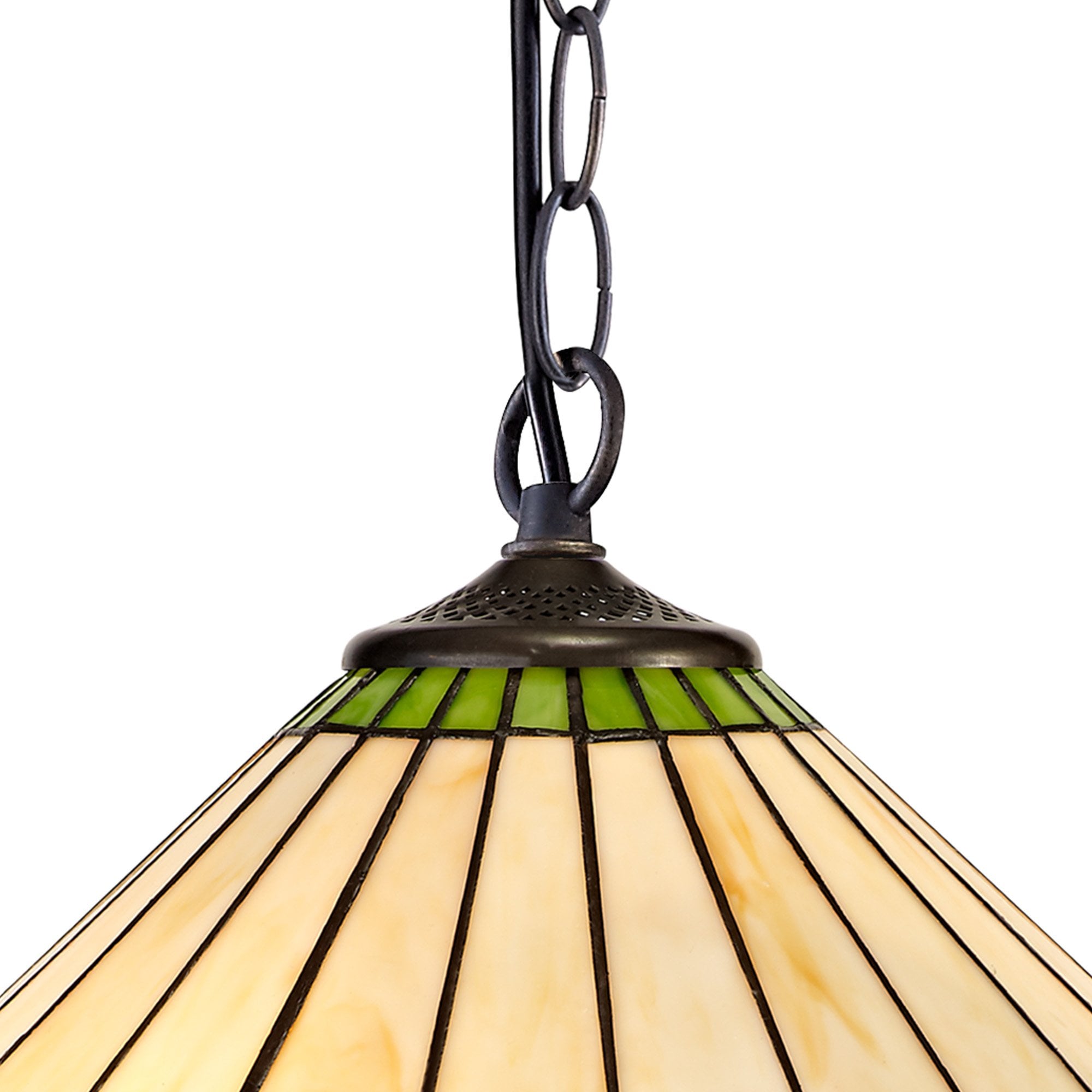 NLK02529 Umbrian 1 Light Down Lighter Pendant With 40cm Tiffany Shade Green/Chrome/Crystal/Aged Antique Brass