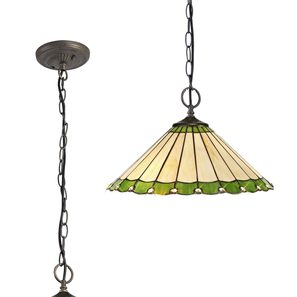 NLK02539 Umbrian 2 Light Down Lighter Pendant With 40cm Tiffany Shade Green/Chrome/Crystal/Aged Antique Brass