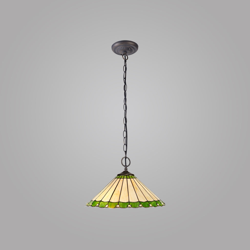 NLK02539 Umbrian 2 Light Down Lighter Pendant With 40cm Tiffany Shade Green/Chrome/Crystal/Aged Antique Brass