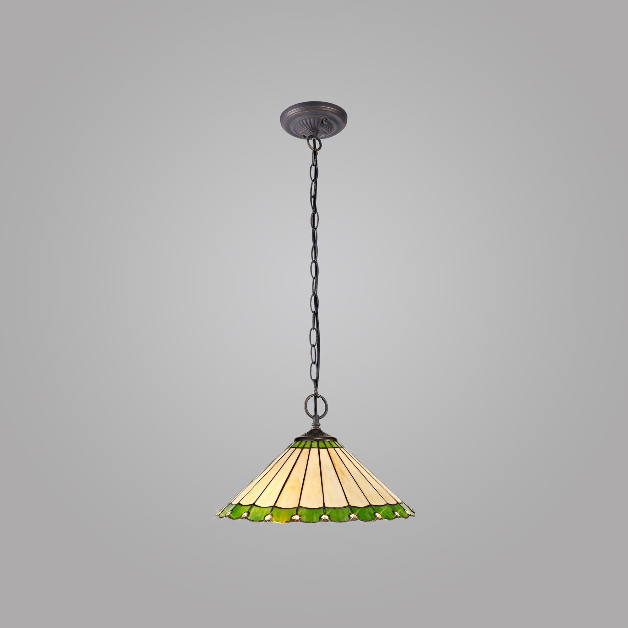 NLK02539 Umbrian 2 Light Down Lighter Pendant With 40cm Tiffany Shade Green/Chrome/Crystal/Aged Antique Brass