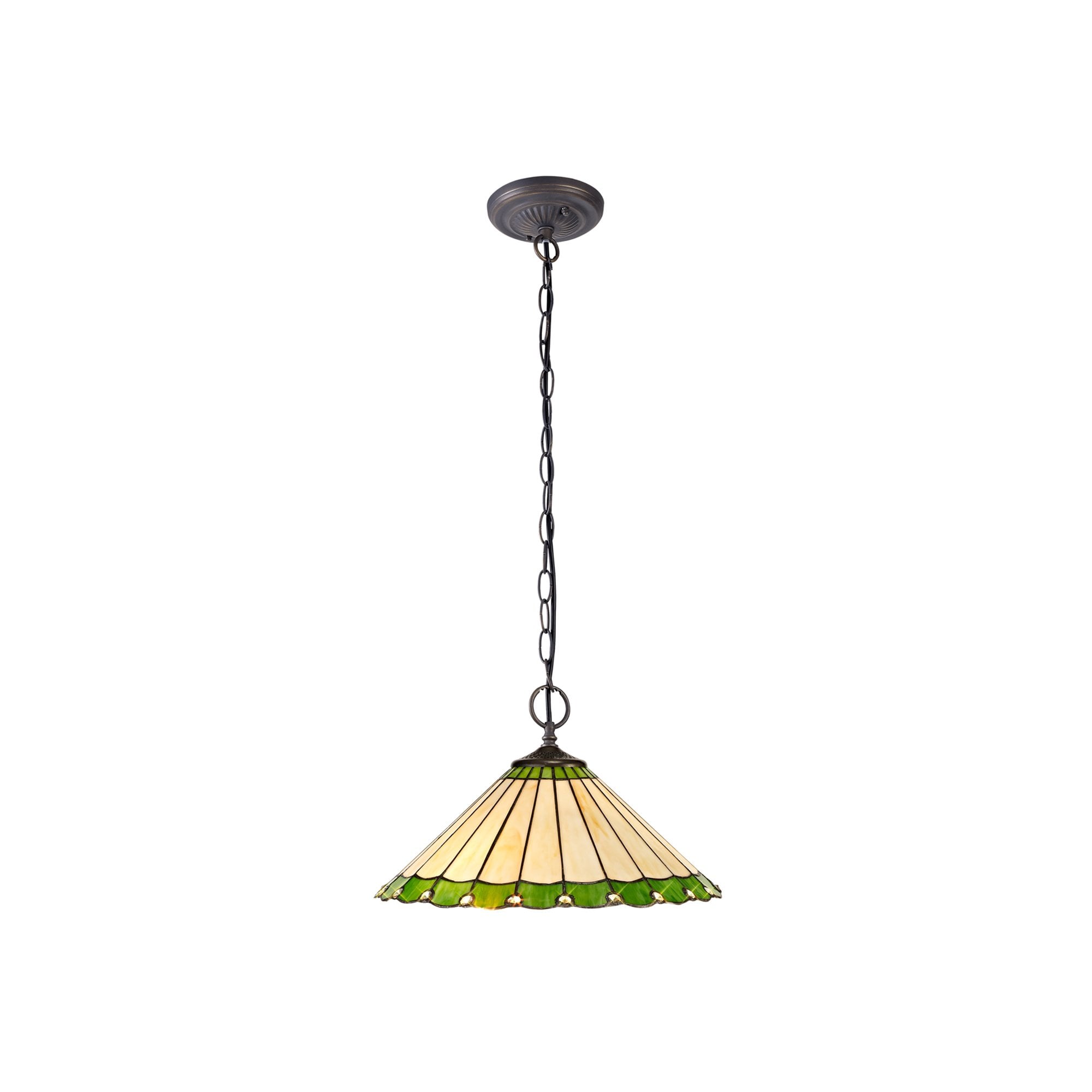 NLK02539 Umbrian 2 Light Down Lighter Pendant With 40cm Tiffany Shade Green/Chrome/Crystal/Aged Antique Brass