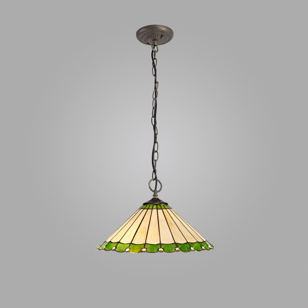 NLK02549 Umbrian 3 Light Down Lighter Pendant With 40cm Tiffany Shade Green/Chrome/Crystal/Aged Antique Brass