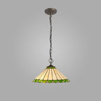 NLK02549 Umbrian 3 Light Down Lighter Pendant With 40cm Tiffany Shade Green/Chrome/Crystal/Aged Antique Brass