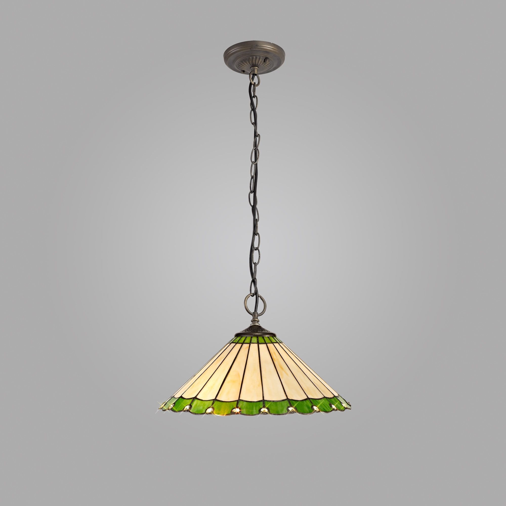 NLK02549 Umbrian 3 Light Down Lighter Pendant With 40cm Tiffany Shade Green/Chrome/Crystal/Aged Antique Brass