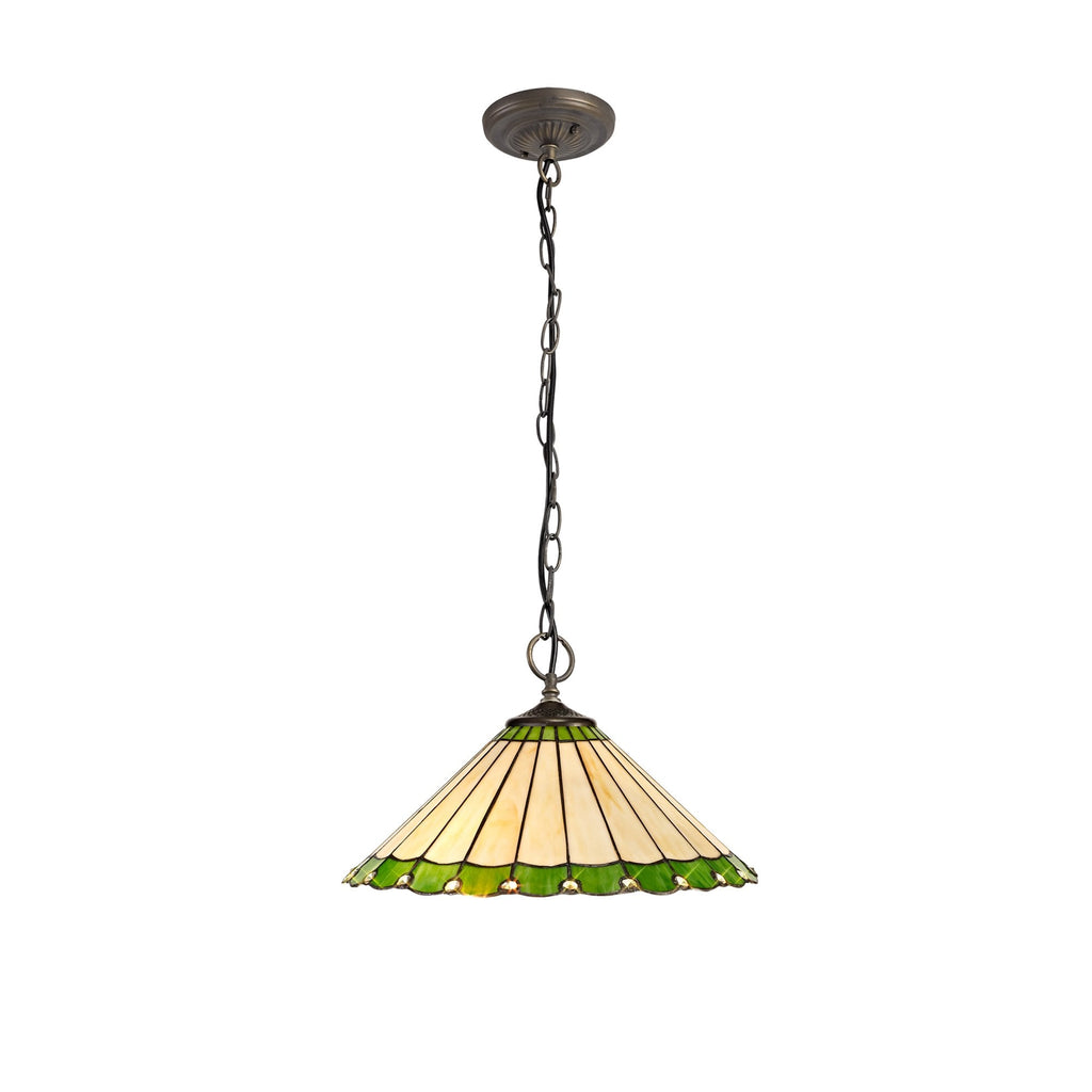 NLK02549 Umbrian 3 Light Down Lighter Pendant With 40cm Tiffany Shade Green/Chrome/Crystal/Aged Antique Brass