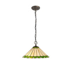 NLK02549 Umbrian 3 Light Down Lighter Pendant With 40cm Tiffany Shade Green/Chrome/Crystal/Aged Antique Brass