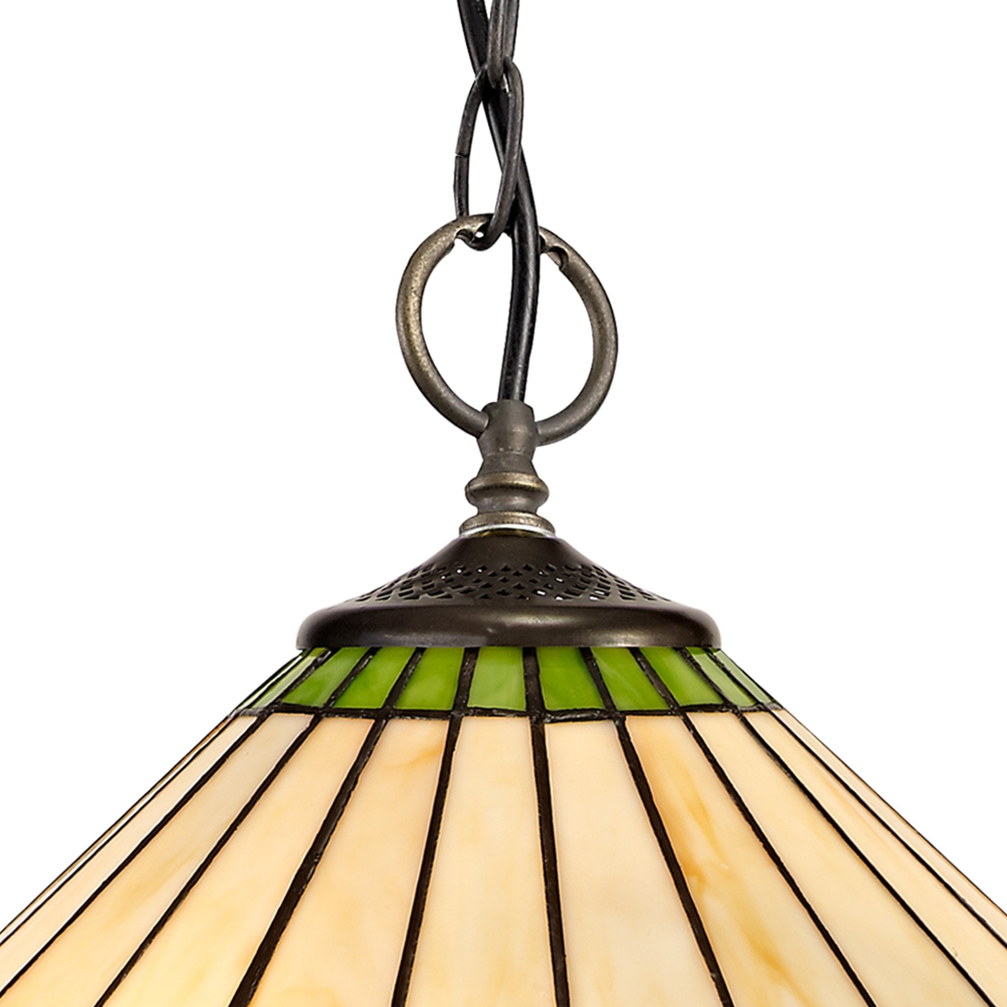 NLK02549 Umbrian 3 Light Down Lighter Pendant With 40cm Tiffany Shade Green/Chrome/Crystal/Aged Antique Brass