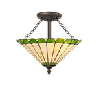 NLK02559 Umbrian 3 Light Semi Ceiling With 40cm Tiffany Shade Green/Chrome/Crystal/Aged Antique Brass