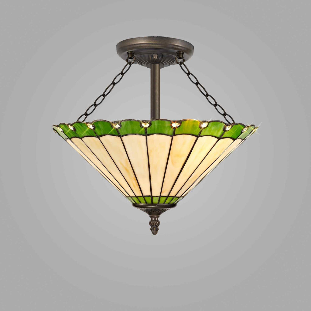 NLK02559 Umbrian 3 Light Semi Ceiling With 40cm Tiffany Shade Green/Chrome/Crystal/Aged Antique Brass