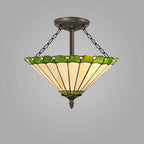 NLK02559 Umbrian 3 Light Semi Ceiling With 40cm Tiffany Shade Green/Chrome/Crystal/Aged Antique Brass