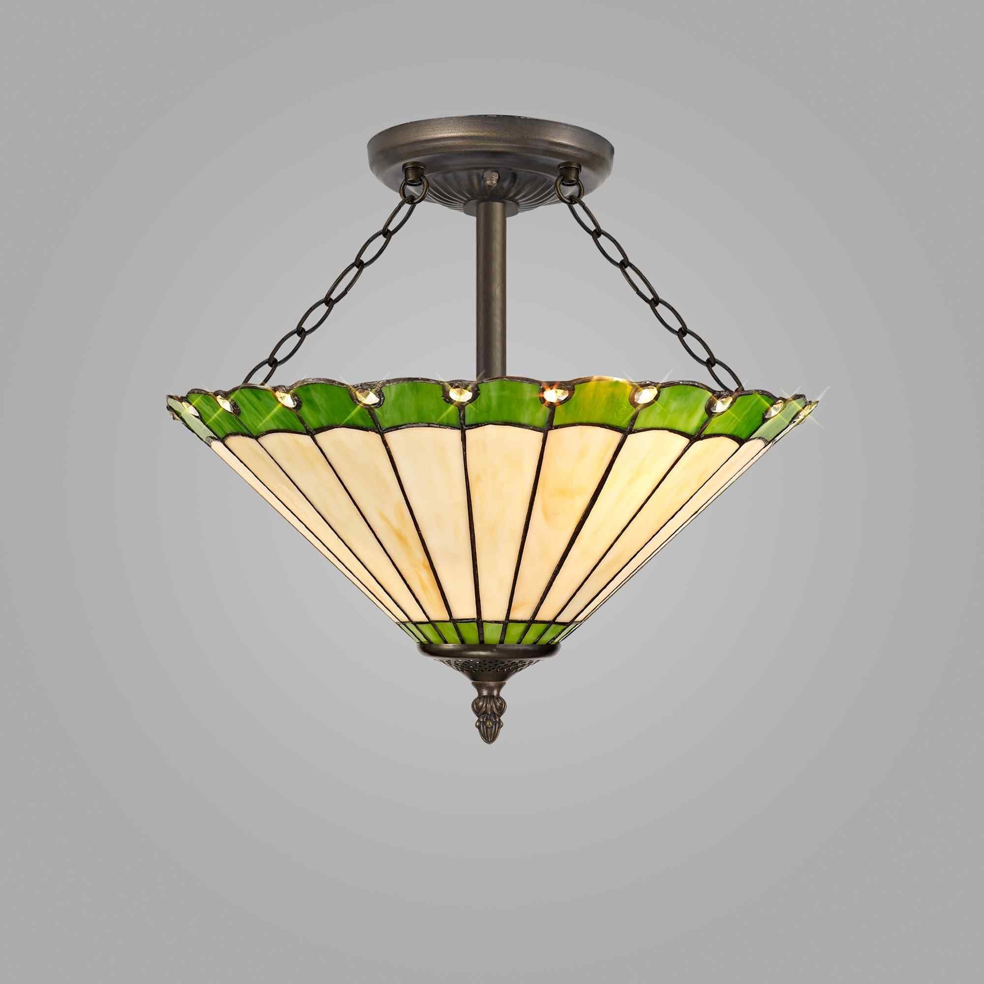 NLK02559 Umbrian 3 Light Semi Ceiling With 40cm Tiffany Shade Green/Chrome/Crystal/Aged Antique Brass
