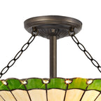 NLK02559 Umbrian 3 Light Semi Ceiling With 40cm Tiffany Shade Green/Chrome/Crystal/Aged Antique Brass