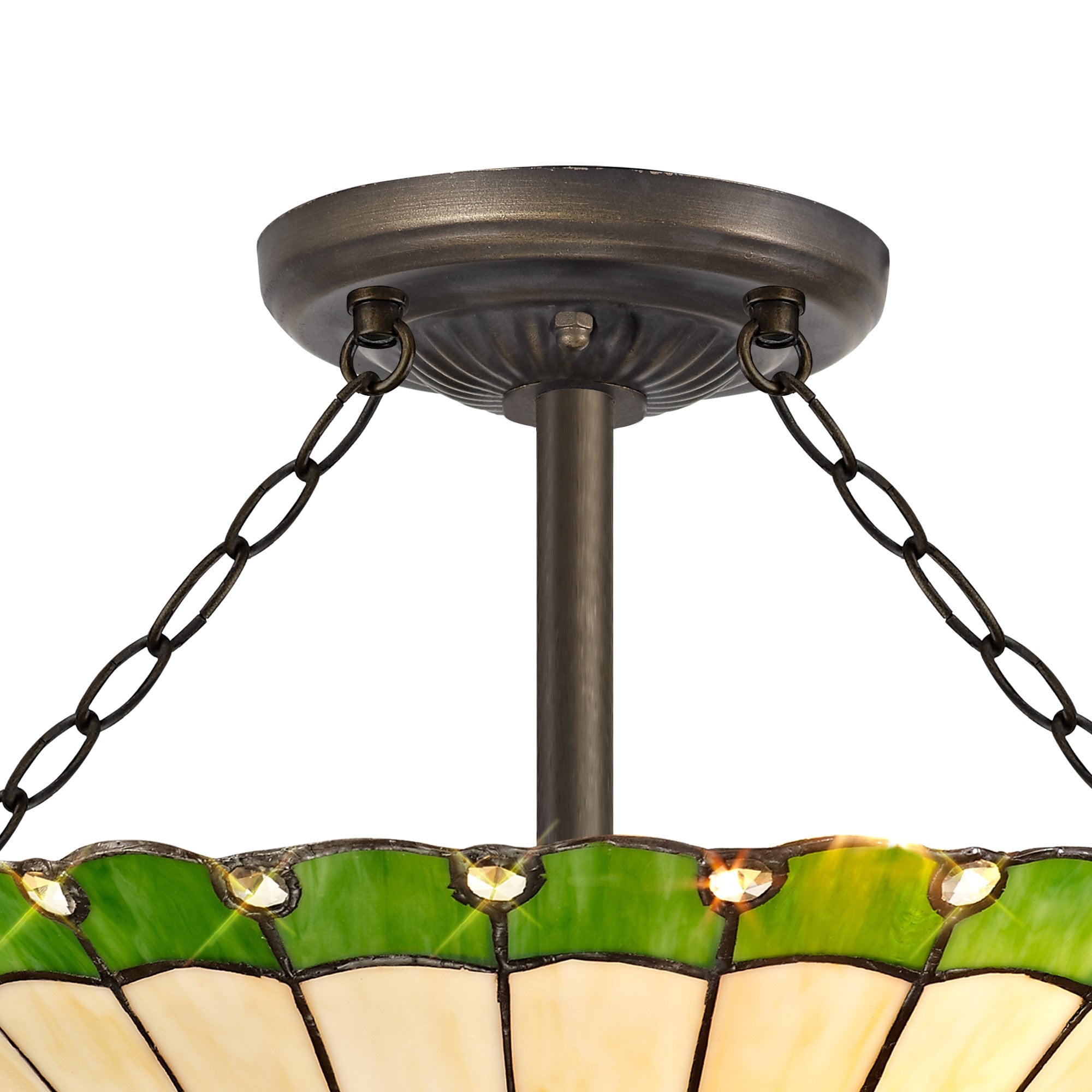 NLK02559 Umbrian 3 Light Semi Ceiling With 40cm Tiffany Shade Green/Chrome/Crystal/Aged Antique Brass