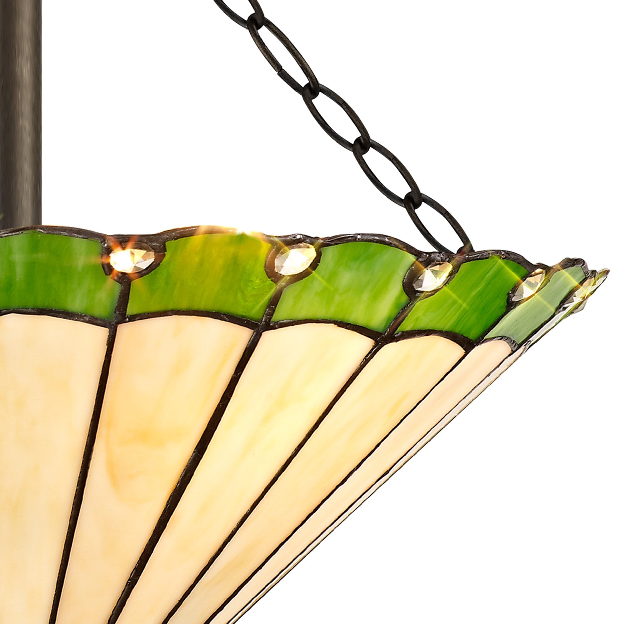NLK02559 Umbrian 3 Light Semi Ceiling With 40cm Tiffany Shade Green/Chrome/Crystal/Aged Antique Brass