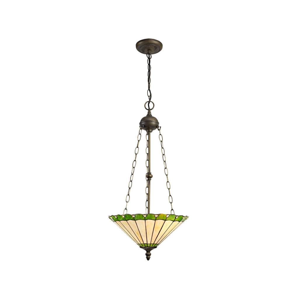 NLK02569 Umbrian 3 Light Up Lighter Pendant With 40cm Tiffany Shade Green/Chrome/Crystal/Aged Antique Brass