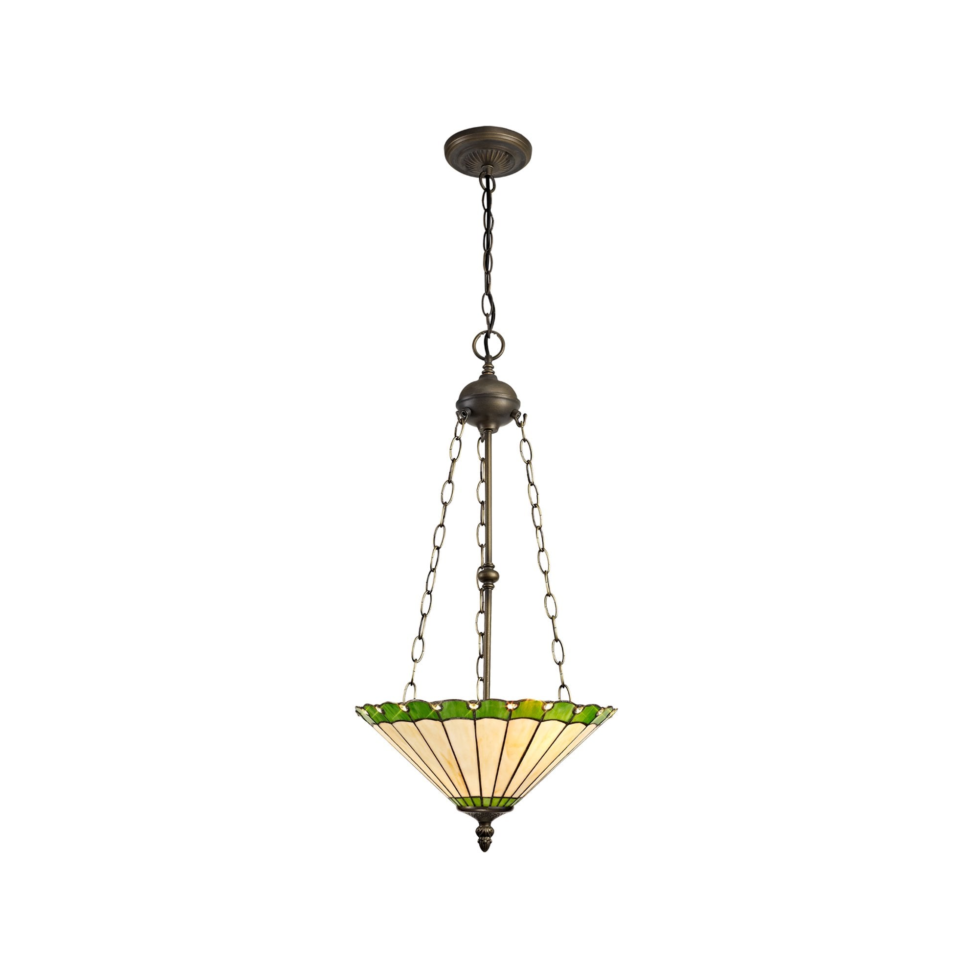 NLK02569 Umbrian 3 Light Up Lighter Pendant With 40cm Tiffany Shade Green/Chrome/Crystal/Aged Antique Brass