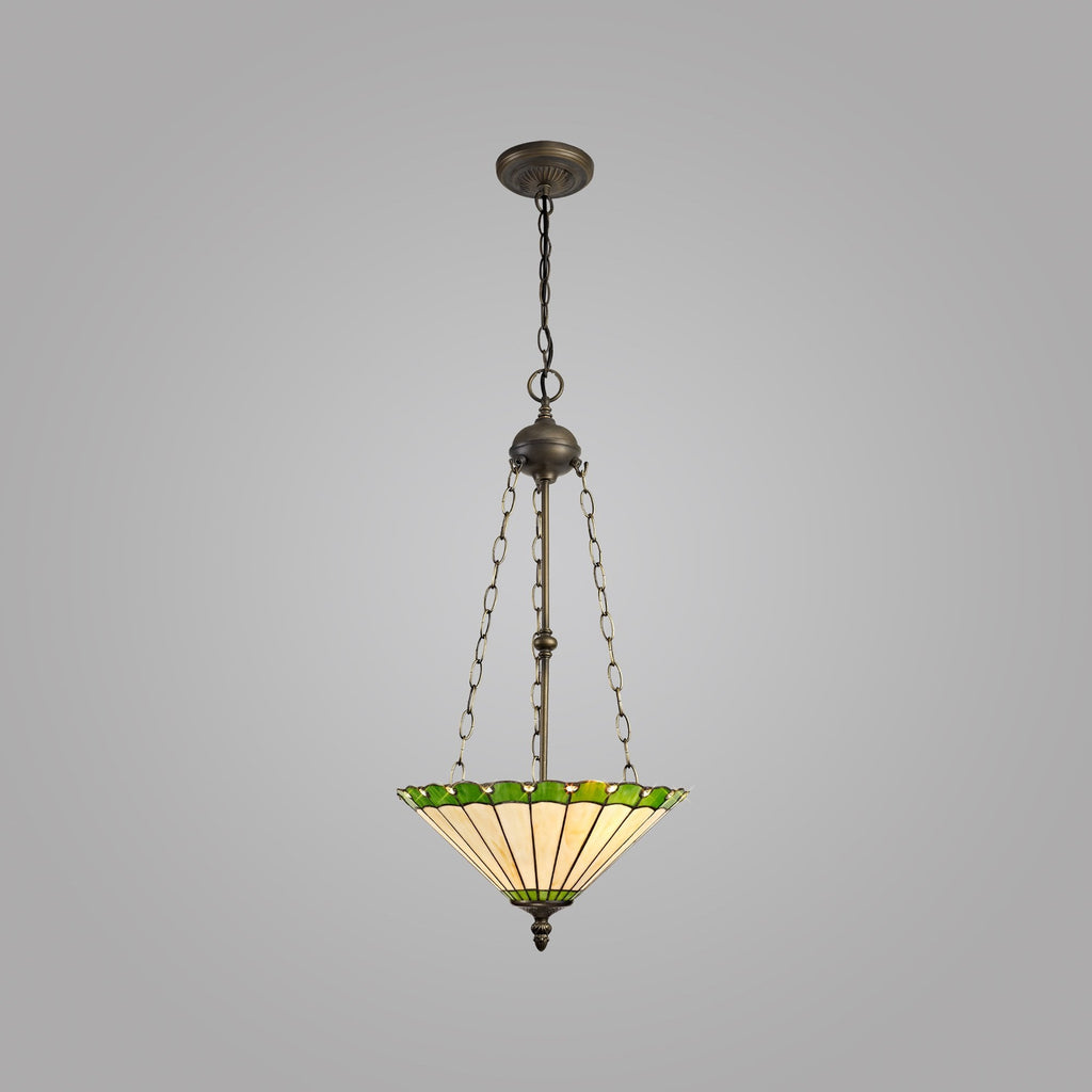 NLK02569 Umbrian 3 Light Up Lighter Pendant With 40cm Tiffany Shade Green/Chrome/Crystal/Aged Antique Brass