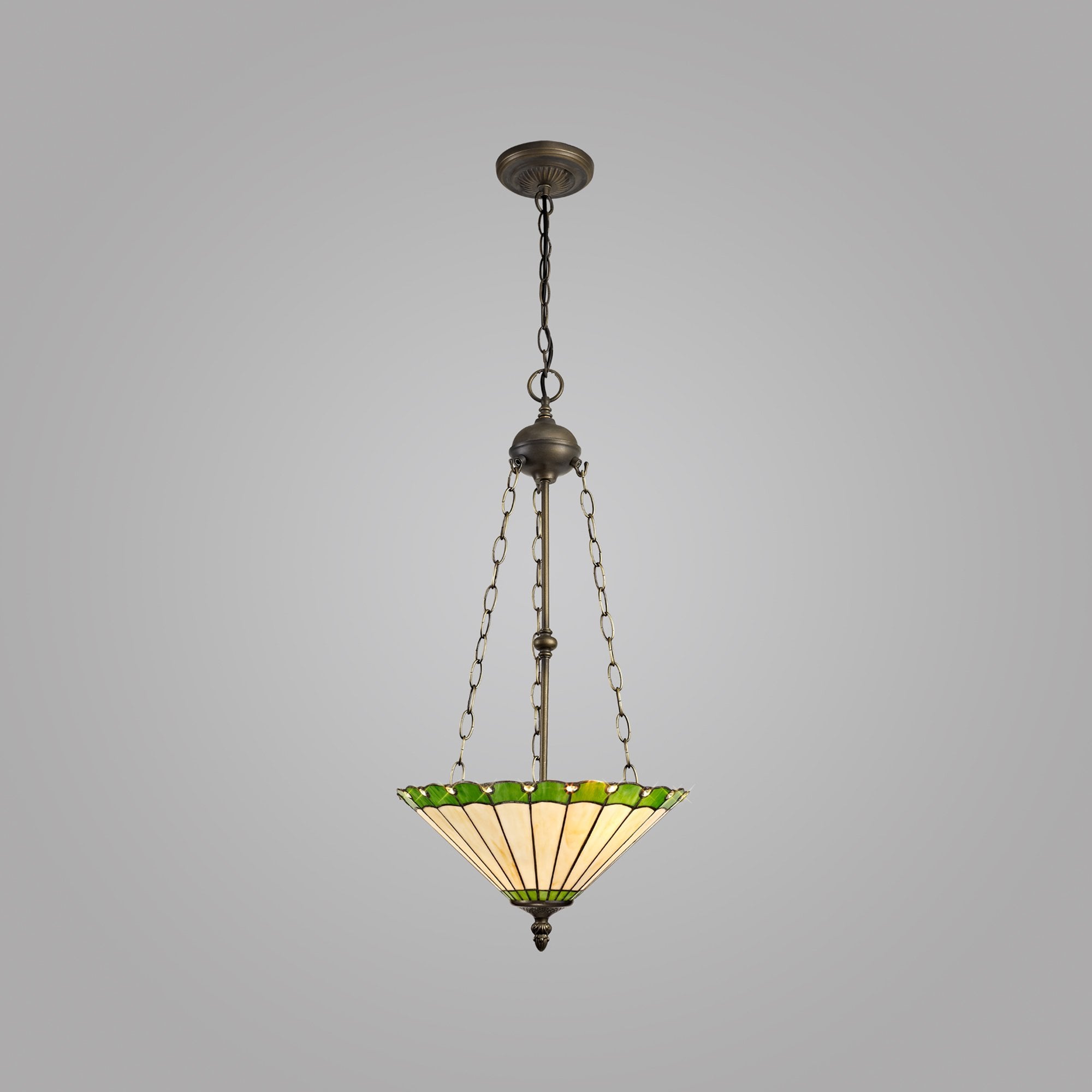 NLK02569 Umbrian 3 Light Up Lighter Pendant With 40cm Tiffany Shade Green/Chrome/Crystal/Aged Antique Brass