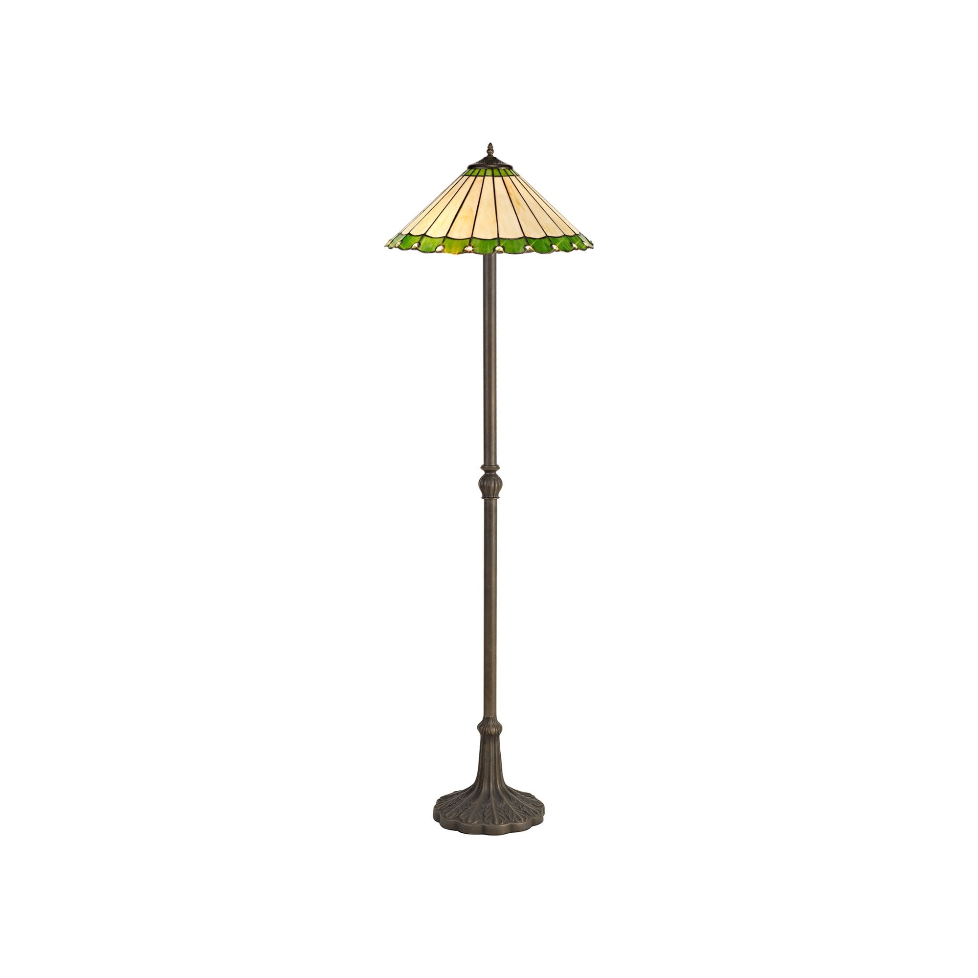 NLK02589 Umbrian 2 Light Leaf Design Floor Lamp With 40cm Tiffany Shade Green/Chrome/Crystal/Aged Antique Brass