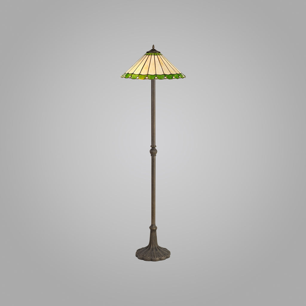 NLK02589 Umbrian 2 Light Leaf Design Floor Lamp With 40cm Tiffany Shade Green/Chrome/Crystal/Aged Antique Brass