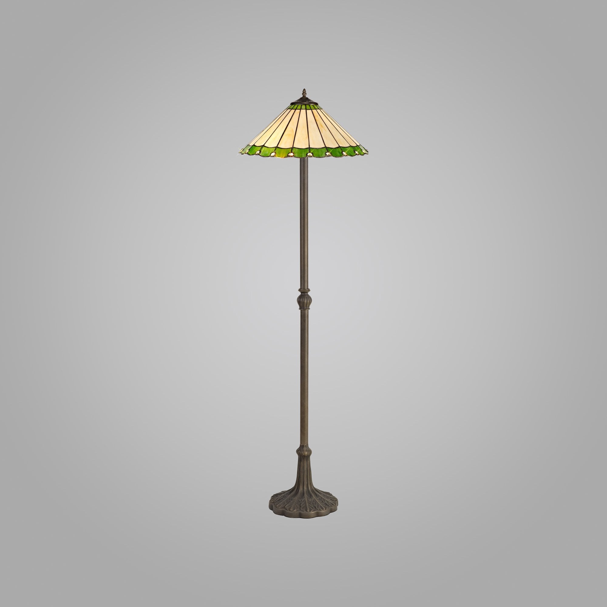 NLK02589 Umbrian 2 Light Leaf Design Floor Lamp With 40cm Tiffany Shade Green/Chrome/Crystal/Aged Antique Brass