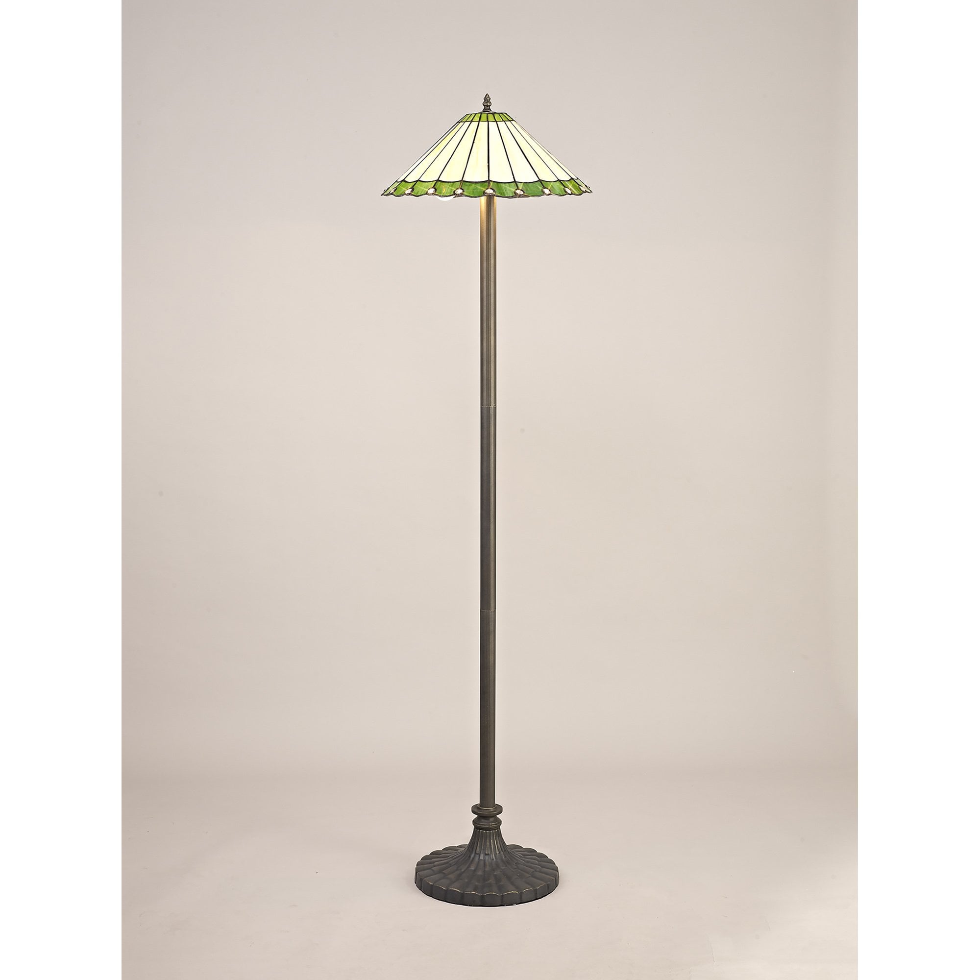 NLK02599 Umbrian 2 Light Stepped Design Floor Lamp With 40cm Tiffany Shade Green/Chrome/Crystal/Aged Antique Brass