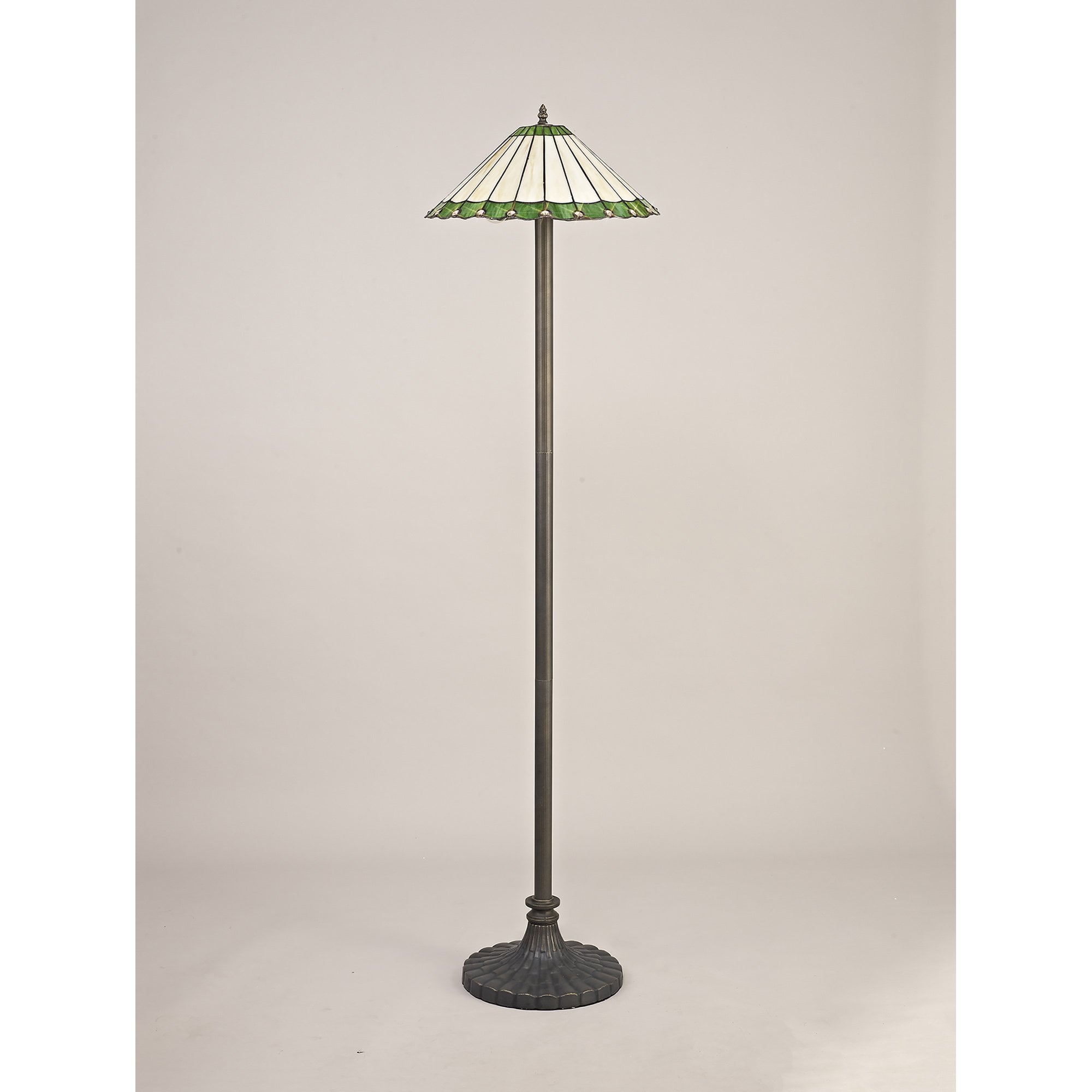 NLK02599 Umbrian 2 Light Stepped Design Floor Lamp With 40cm Tiffany Shade Green/Chrome/Crystal/Aged Antique Brass