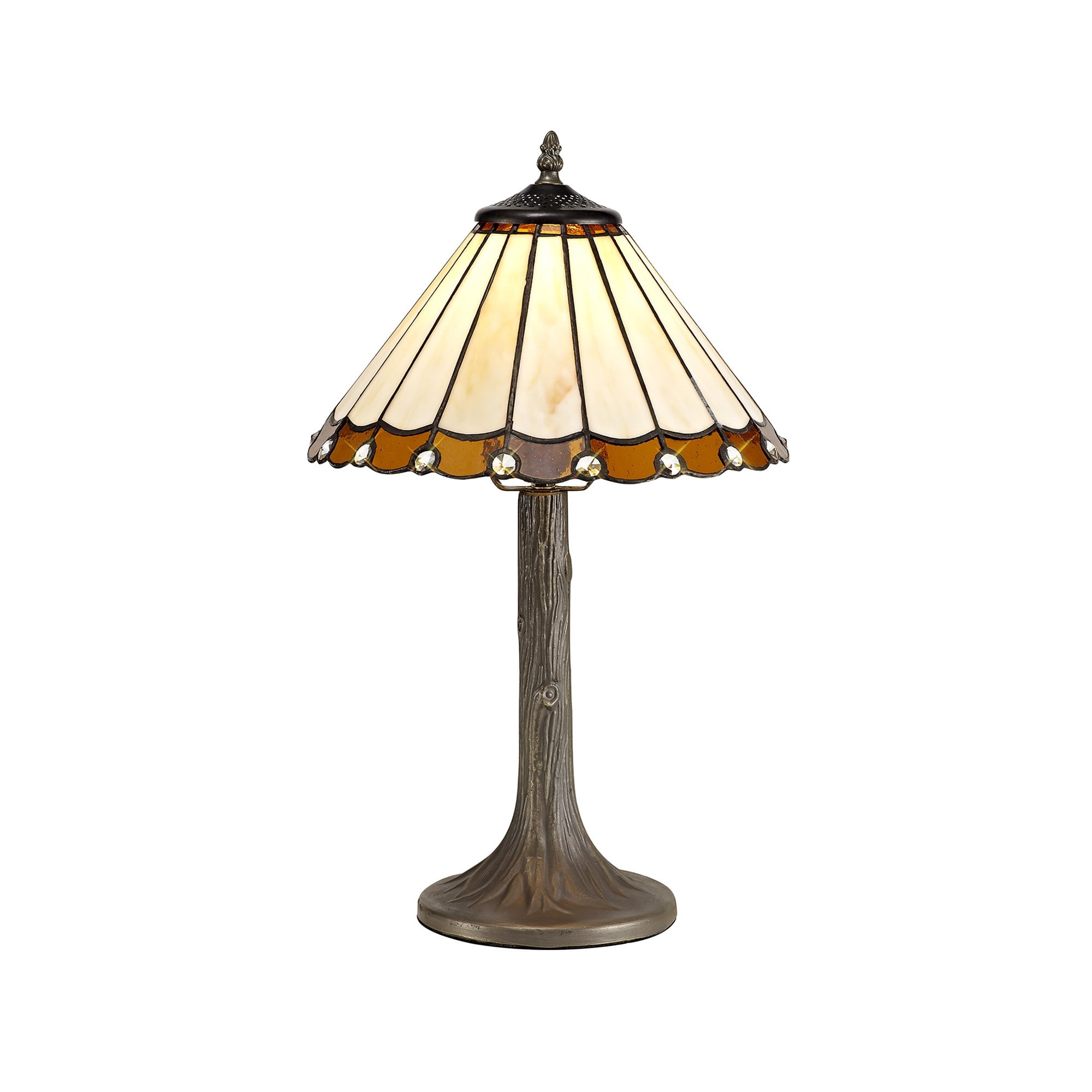 NLK02619 Umbrian 1 Light Tree Like Table Lamp With 30cm Tiffany Shade Amber/Chrome/Crystal/Aged Antique Brass