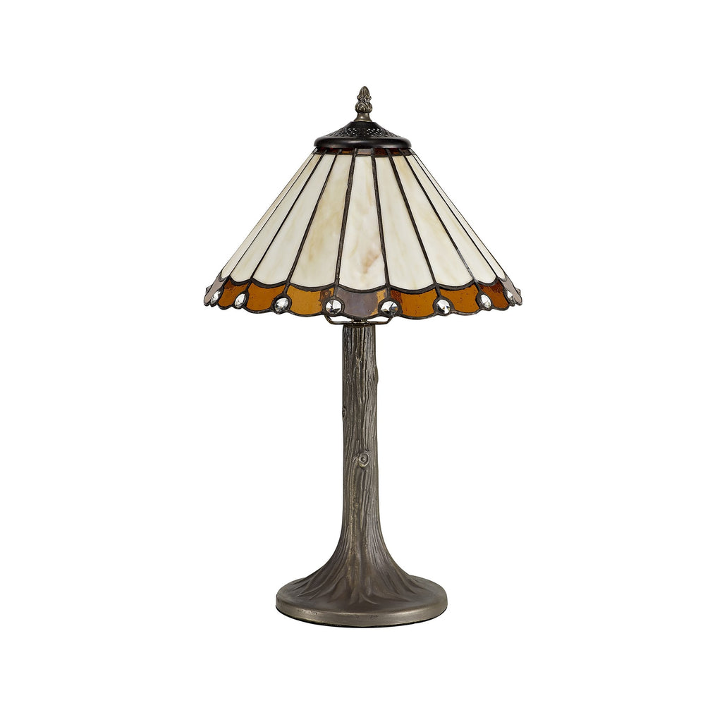 NLK02619 Umbrian 1 Light Tree Like Table Lamp With 30cm Tiffany Shade Amber/Chrome/Crystal/Aged Antique Brass