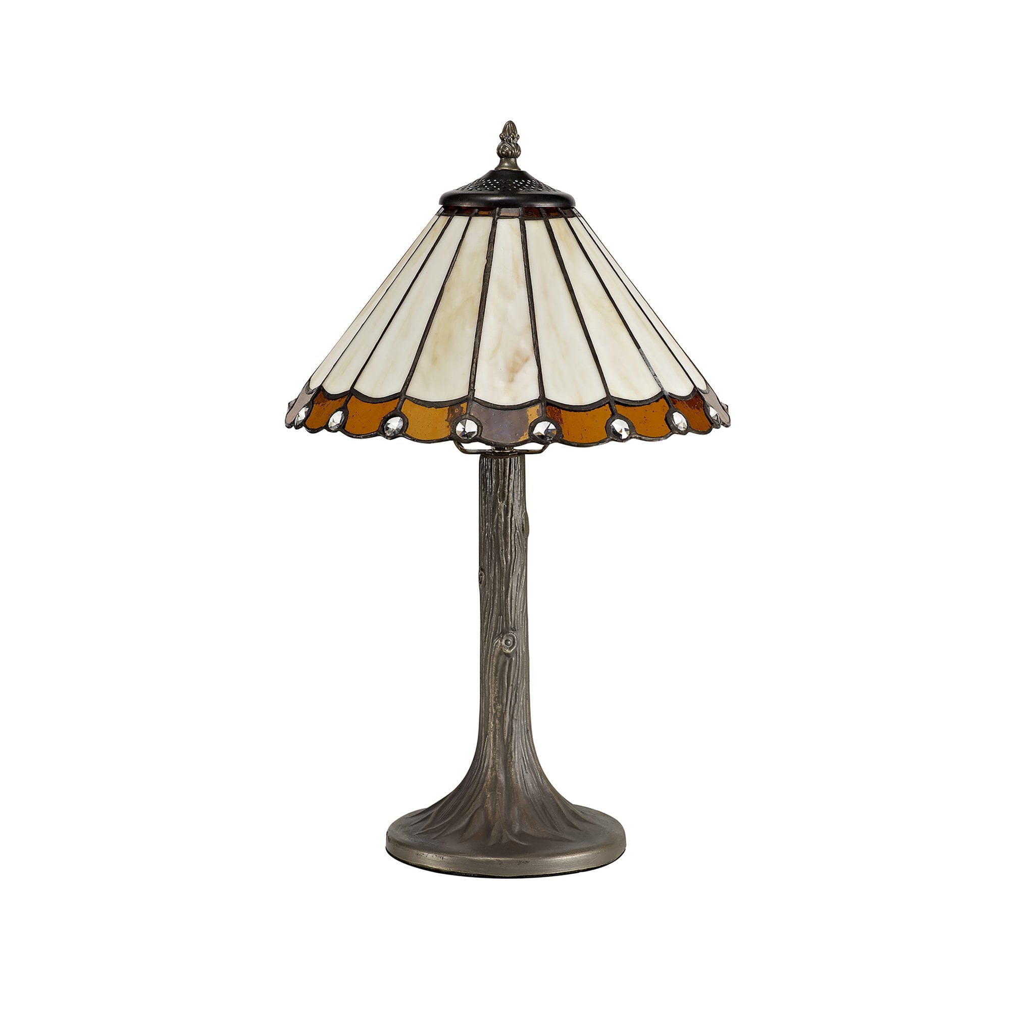 NLK02619 Umbrian 1 Light Tree Like Table Lamp With 30cm Tiffany Shade Amber/Chrome/Crystal/Aged Antique Brass